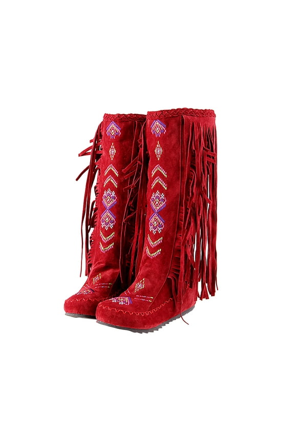 Cowboy Boots for Women Fringe Boots Cowgirl Boots Chunky Middle Heel Tassel Knee High Boots Snip Toe Pull On Western Riding Boots