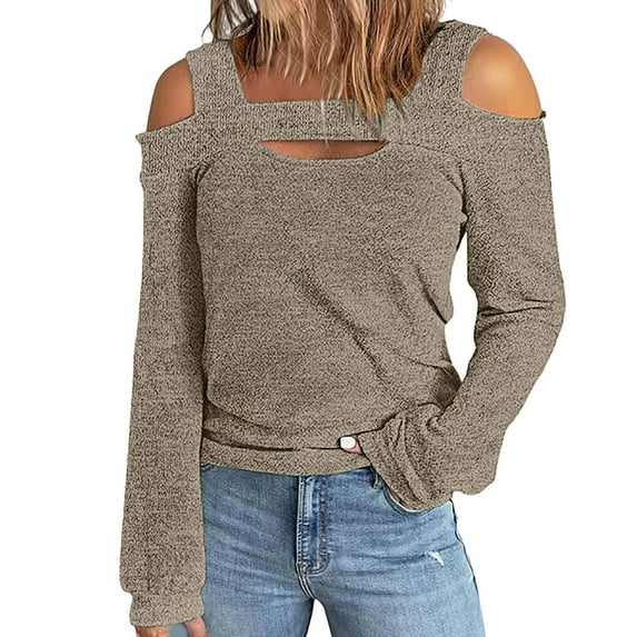 Bouanq Crewneck Shirts for Women Solid Color Off-shoulder Patchwork Tunic Tops Halter-Neck Long Sleeve Compression Shirts Athletic Tight Workout Top