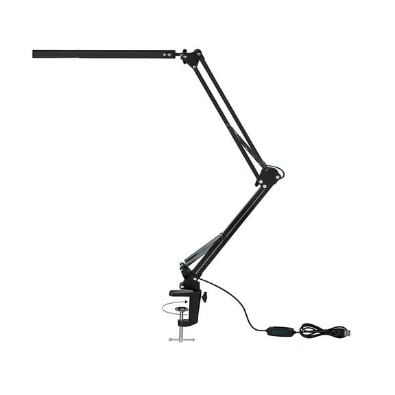 Bouanq LED Desk Lamp, Metal Swing Arm Lamp, Eye-Caring Architect Task Lamp, Dimmable Office Table Lamp with 3 Color Modes, 10 Brightness Levels & Adapter, Memory Function(Black), 10W
