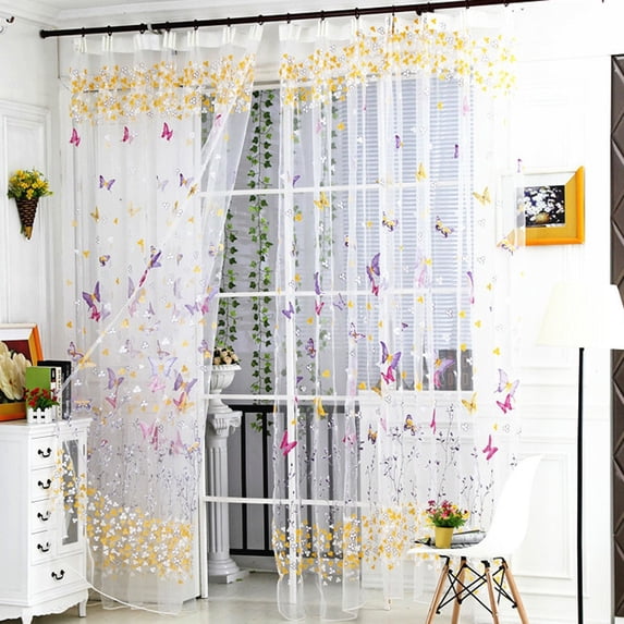 Bouanq Leaf Embroidered Sheer Panel Long Window Crushed Gauze Room Curtain Voile Tulle Window Drapery Rod Pocket