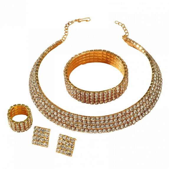 Bouanq Rhinestone Crystal Jewelry Sets Include necklace Choker Bracelet Earrings Ring Faux Pearl Crystal Jewelry Sets for Women Gift for Wedding Party Birthday Valentines Day On Clearance