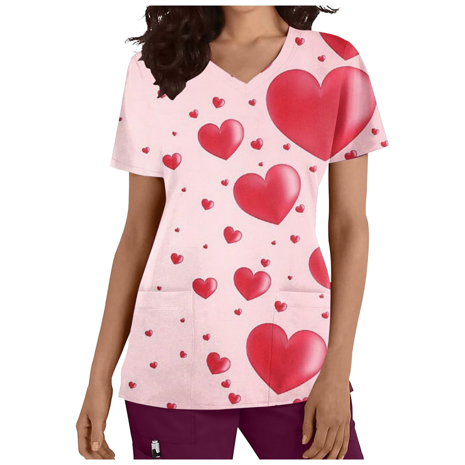 Bouanq Scrub Tops for Women Love Heart Print Cartoon Pattern Workout ...