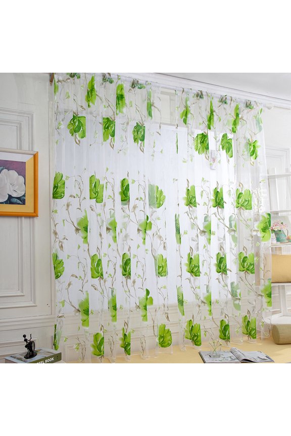 Sheer Curtains for Living-Room Long Blossom Print on Flax Linen Blend Window Curtain Panels