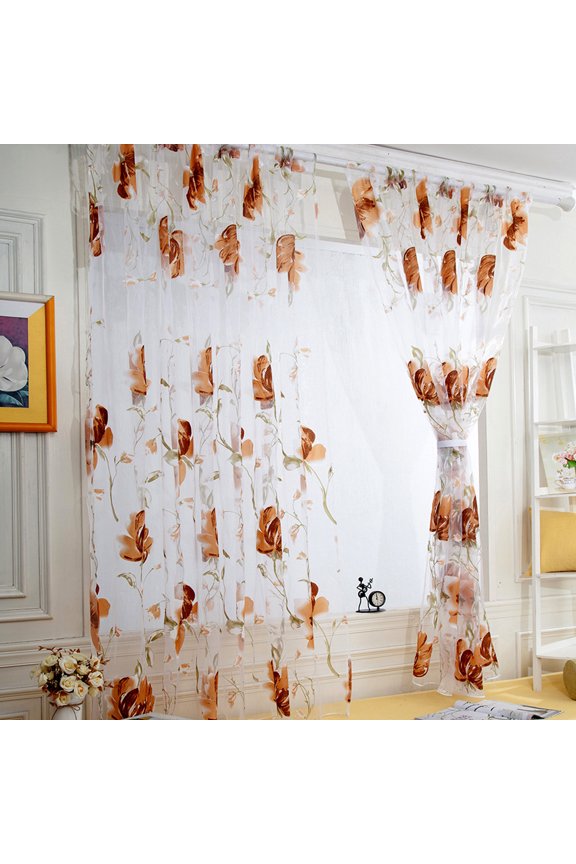 Sheer Curtains for Living-Room Long Blossom Print on Flax Linen Blend Window Curtain Panels