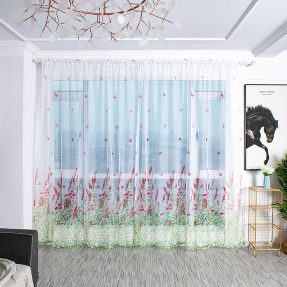 Bouanq Sheer Voile Curtains, Decorative Leaves Embroidery Faux Linen Rod Pocket Window Drapes for Home Kitchen, Living Room and Bedroom
