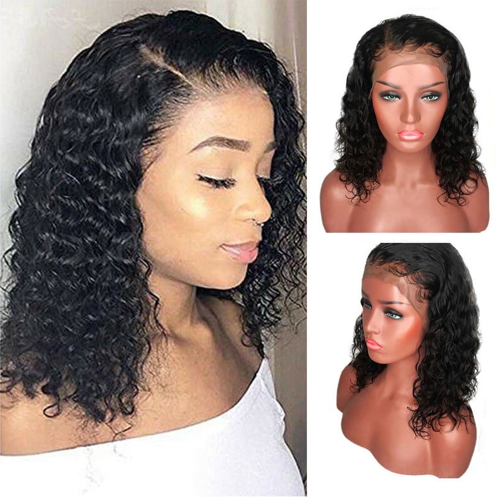 Bouanq Short Curly Bob Wigs Human Hair Lace Front Wigs Pre Plucked Water Wave Wigs Wet and Wavy Curly Wigs for Black Women Natural Black 150% Density