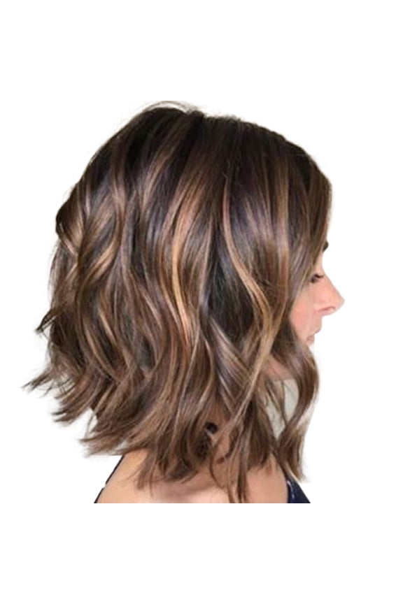 Short Wavy Wig Brown Mixed Brown Bob Wavy Synthetic Wig for Women Natural Looking Heat Resistant Fiber Hair