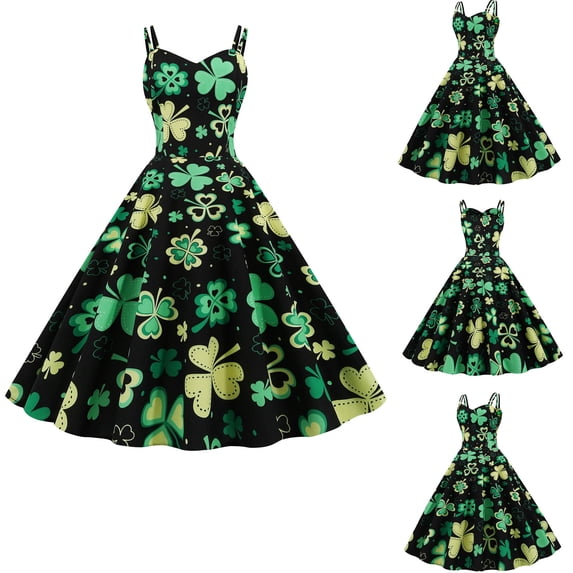 Bouanq St Patrick's Day Dresses for Women 2024,Women's Vintage Classic Dress Long Sleeve Shamrock Print V-Neck Swing Dress Holiday