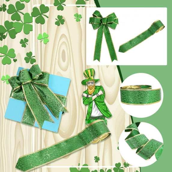 Bouanq St. Patrick's Day Ribbon Irish Shamrock Fabric Ribbon Shamrock Craft Ribbon Green Wired Ribbon for DIY Hair Bows Wreath Sport Lanyards Wrapping Party Decoration Sewing for National Day
