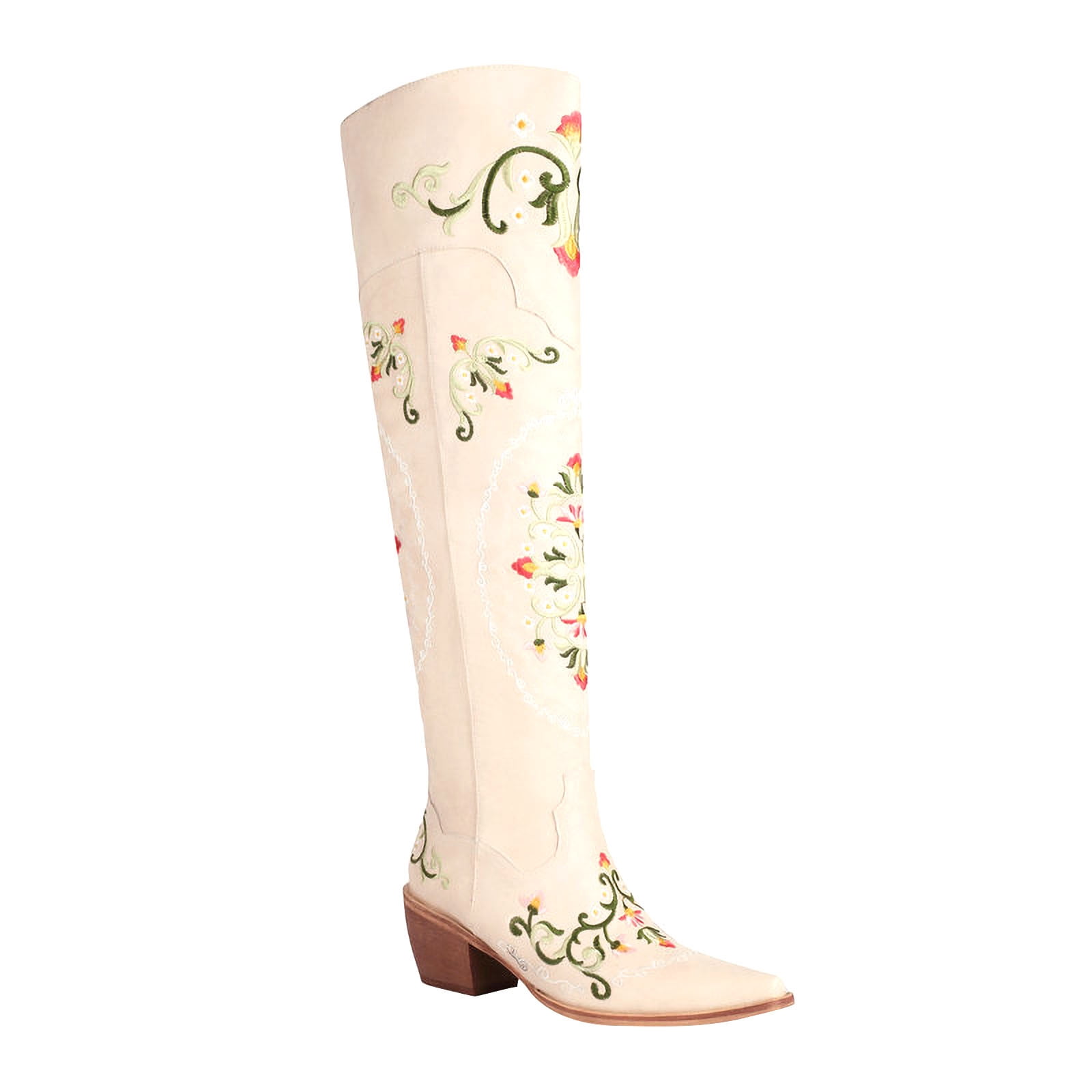 Women's Vintage Floral Embroidered Cowboy Boots - Knee High Western Boots With Pointed Toe & Chunky Heel