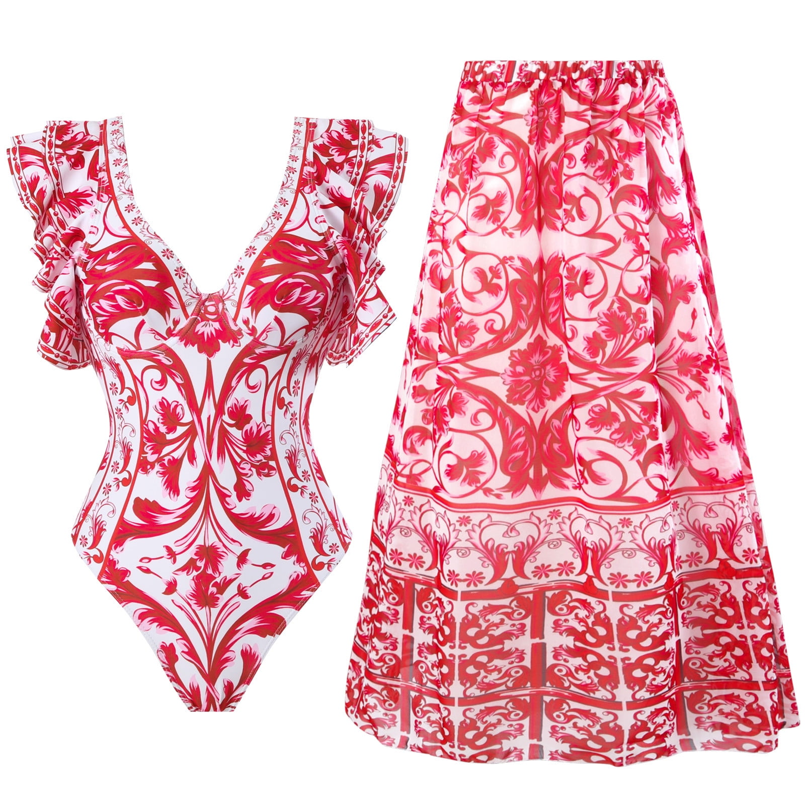 Bouanq Women's 3 Pieces Swimwear with Mesh Chiffon Maxi Skirt Beach — free download