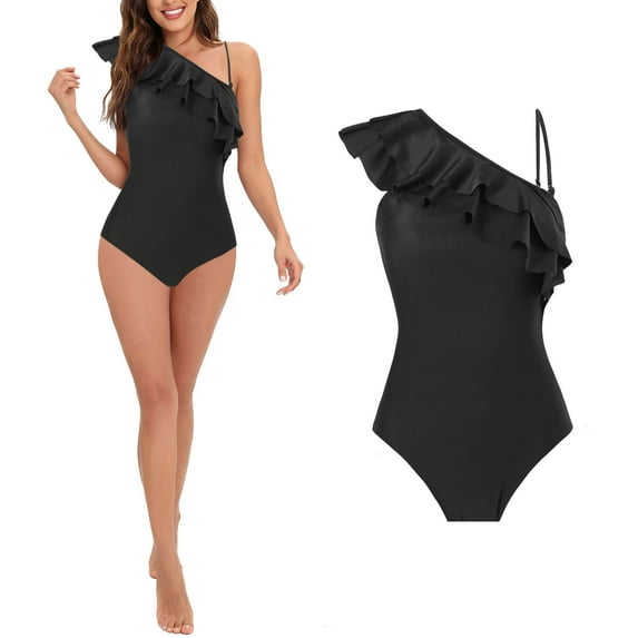Bouanq Women's Fashion Swimsuit Floral One Piece Swimwear Solid Color One Shoulder Ruffle Flattering Floral Bathing Suit