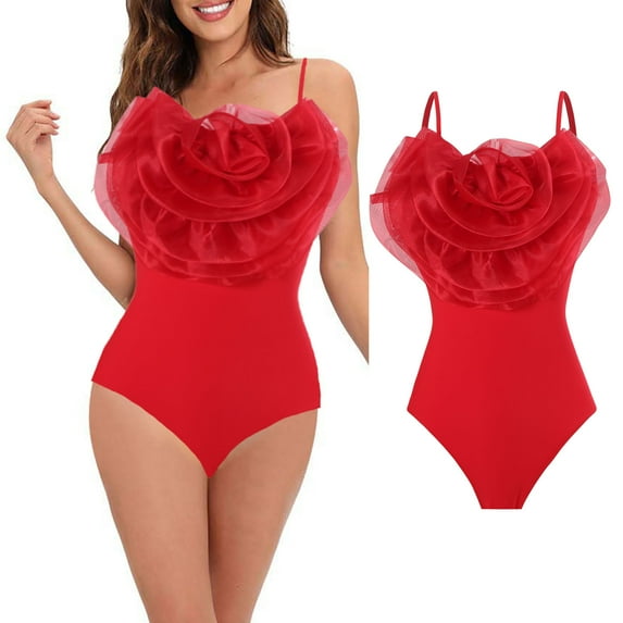Bouanq Women's Fashion Swimsuit Floral One Piece Swimwear Solid Color One Shoulder Ruffle Flattering Floral Bathing Suit