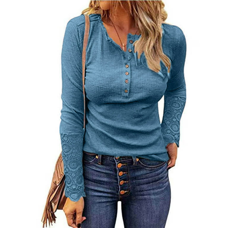 Bouanq Women's Long Sleeves Lace Henley Shirts Tops V Neck Button Up Slim  Fit Tunic Blouse 