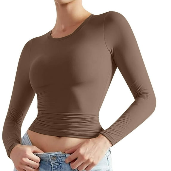 Bouanq Women's Turtleneck Shirt Trendy Spring Crew Neck Cropped Sweatshirt Long Sleeve Ribbed Knit Pullover Basic Crop Tops