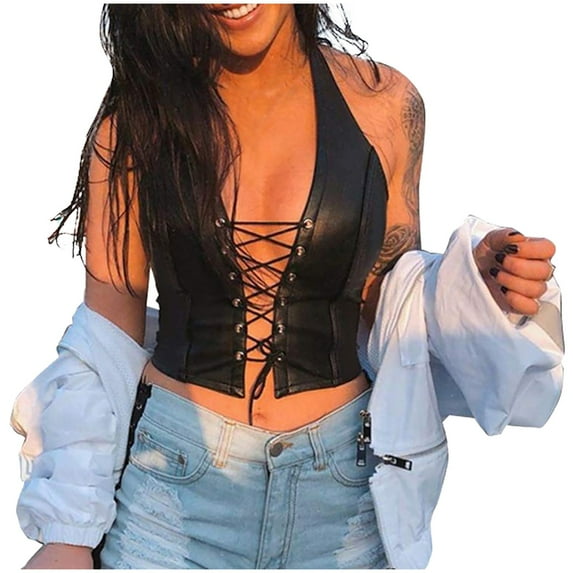 Bouanq Women's leather tops for women Crop Tank Tops Halter Lace Up Camisole Vest for Casual Party Festival Rave