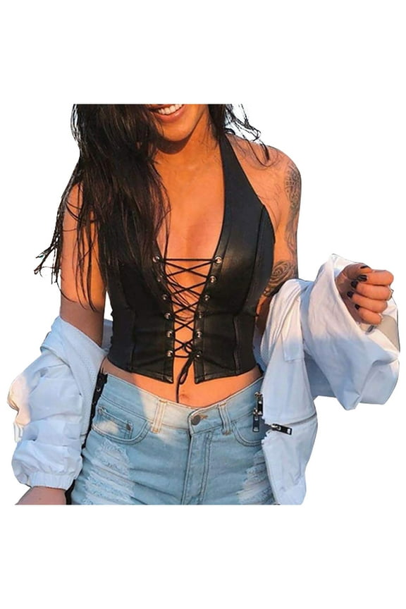 Women's leather tops for women Crop Tank Tops Halter Lace Up Camisole Vest for Casual Party Festival Rave