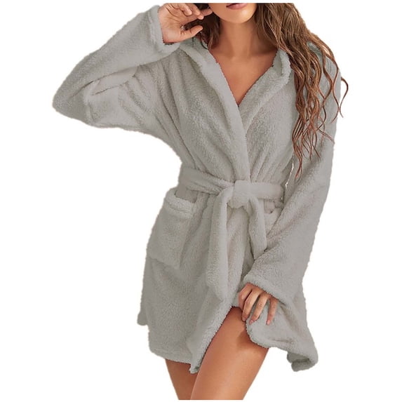 Bouanq Womens Bathrobe Lightweight Plush Robes Fleece Hooded Bathrobe Fluffy Warm Robe Knee Length Loungewear S-5XL with Pockets
