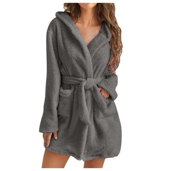 Bouanq Womens Bathrobe Lightweight Plush Robes Fleece Hooded Bathrobe Fluffy Warm Robe Knee Length Loungewear S-5XL with Pockets