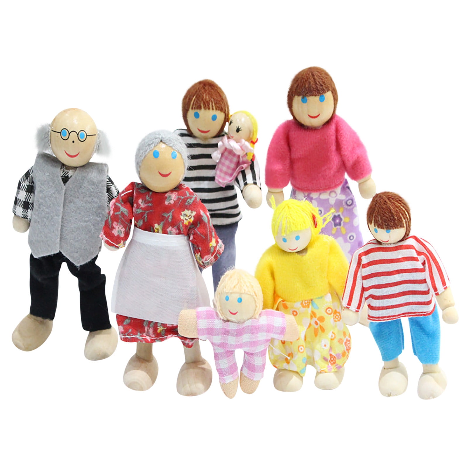 Bouanq Wooden Doll House Family Dress-up Characters, Family Role-Play Dress-up Characters Grandpa, Grandma, Mom, Dad, Children, Baby Family of 7, Kids' Dress Up & Pretend Play