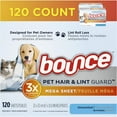 thumbnail image 1 of Bouce Pet Hair and Lint Guard Mega Dryer Sheets for Laundry, Fabric Softener with 3X Pet Hair Fighters, Unscented, Hypoallergenic, 120 Count, 1 of 5