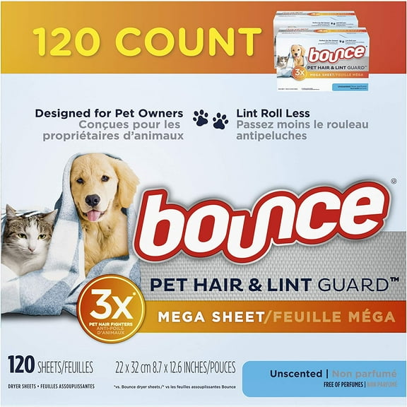 Bouce Pet Hair and Lint Guard Mega Dryer Sheets for Laundry, Fabric Softener with 3X Fighters, Unscented, Hypoernic, 120 Count