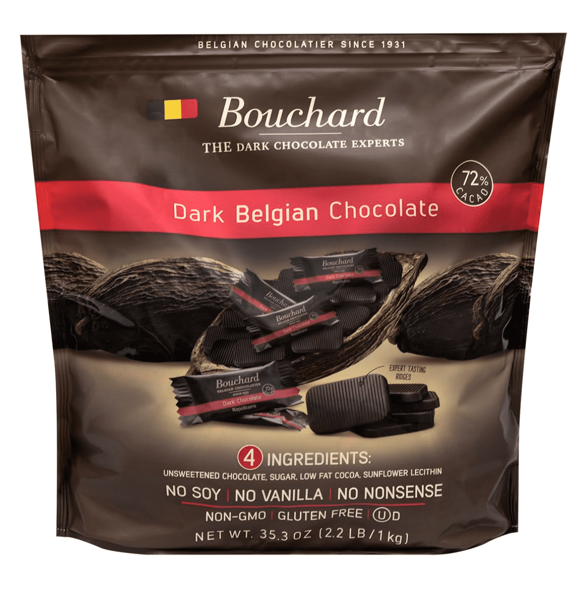 Bouchard Belgian Dark Chocolate Napolitains (72% Cacao) 35.3 OZ (2.2 LB/1KG)