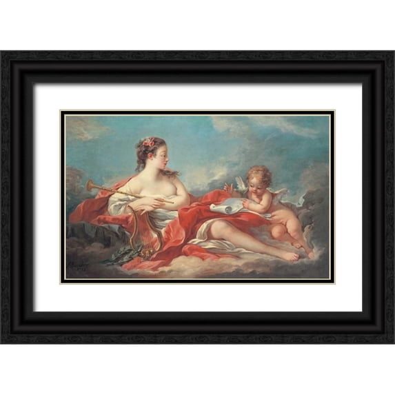 Boucher, Francois 14x10 Black Ornate Wood Framed with Double Matting Museum Art Print Titled - Erato, The Muse of Love Poetry