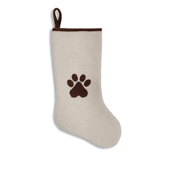 Boucl Pet Christmas Stocking wth Paw Print and Brown Trim