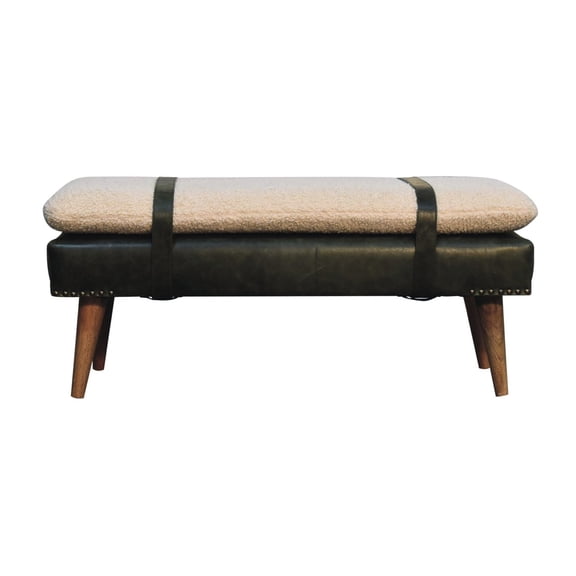 Bouclé and Leather Combination Bench | Bedroom Decor | Solid Mango Wood for Durability