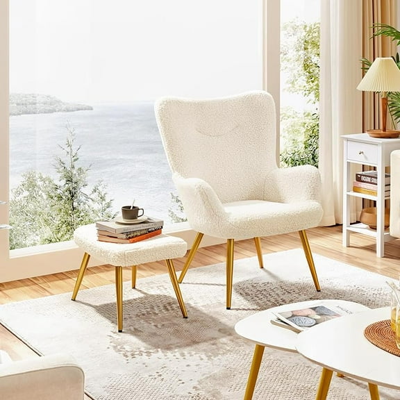 Boucle Accent Chair and Ottoman Set, Sherpa Armchair with Golden Metal Legs, High Back Reading Chair and Footstool for Living Room, Bedroom, Lounge