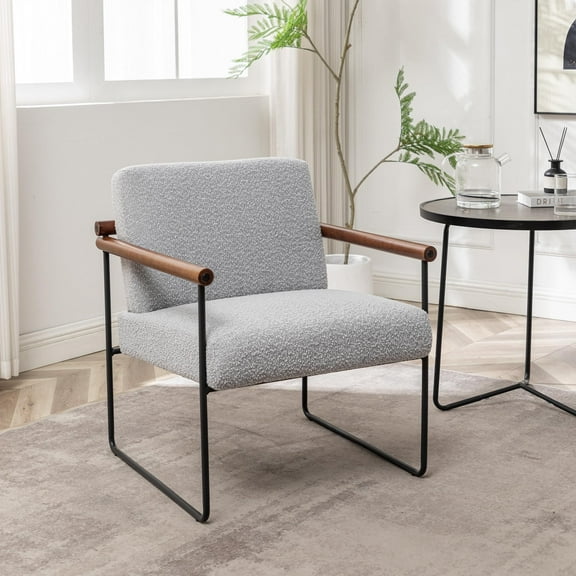Boucle Accent Chair with Round Wood Arms, Comfy Upholstered Arm Chair with Metal Frames, Mid Century Modern Chair for Living Room, Bedroom, Grey