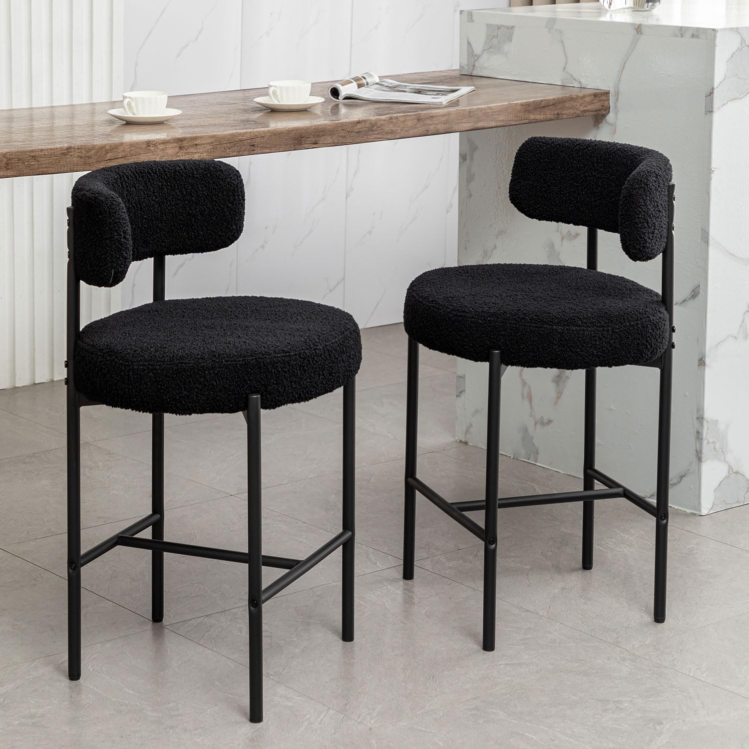 Boucle Bar Stools Set of 2, 24" H Modern Counter Stools with Backs