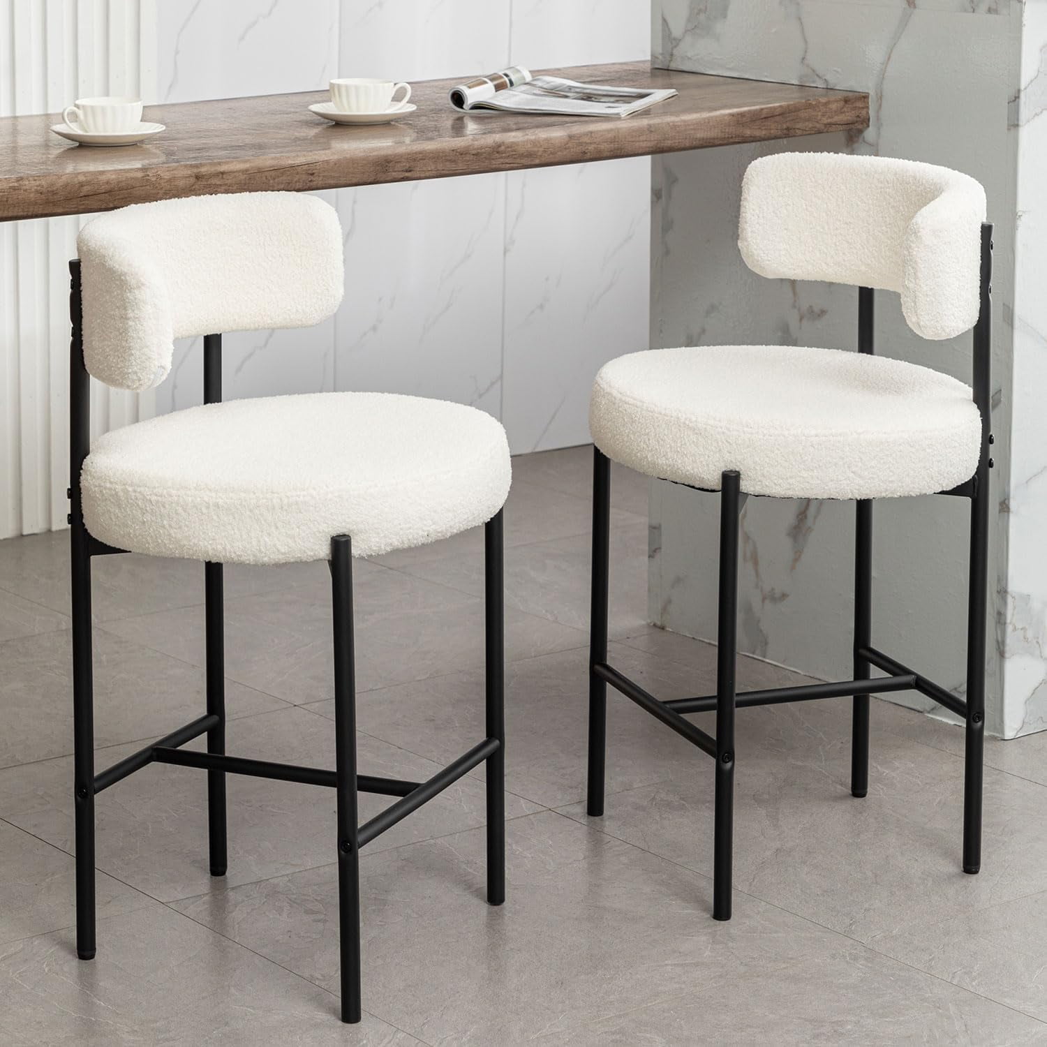Boucle Bar Stools Set of 2, 24" Modern Counter Stools with Backs, White ...