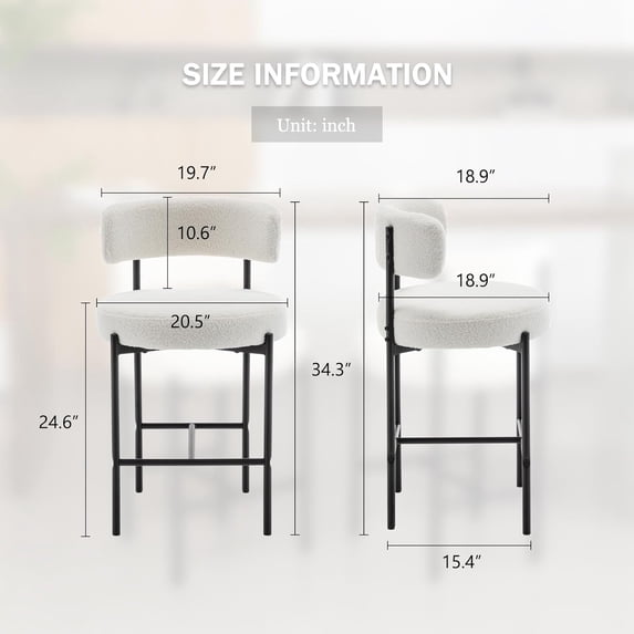 Boucle Bar Stools Set of 2, White Counter Height Dining Chairs with ...