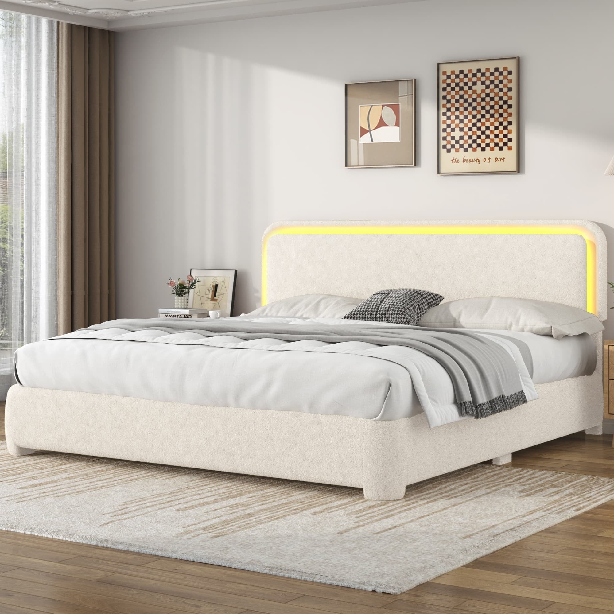 Boucle Bed Frame King Size with LED Light & Ad