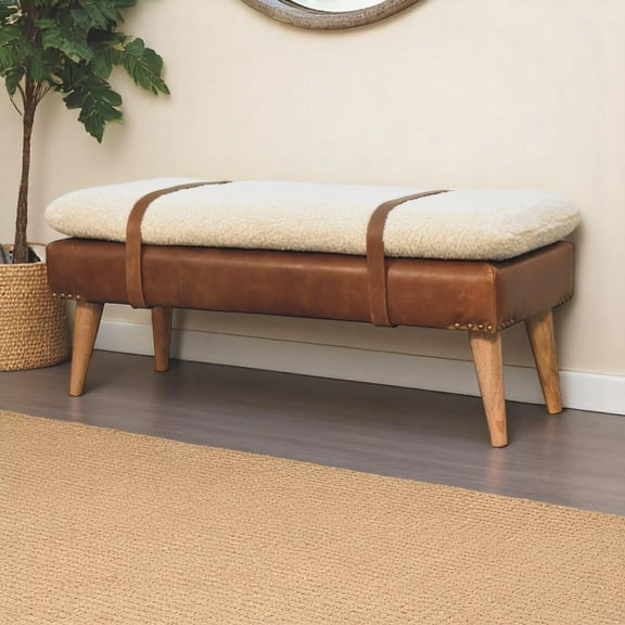 Boucle Buffalo Hide Leather Bench, Chestnut