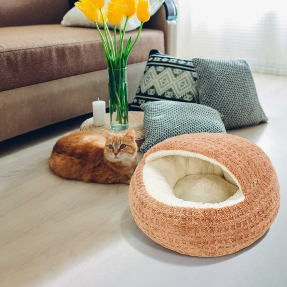 Boucle Cave Pet Bed, Plush Cat or Dog Bed with Hooded Cover, Waterproof and Machine Washable with Anti-Skid Bottom 40Cm (Coffee)