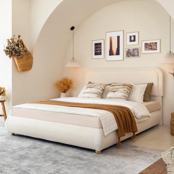 Brafab Full Size Bed Frame with Round Corners Headboard and Thickened Footboard, Boucle Cloud Upholstered Boho Fluffy Bed with Solid Wood Legs, No Box Spring Required, Easy Assembly, cream