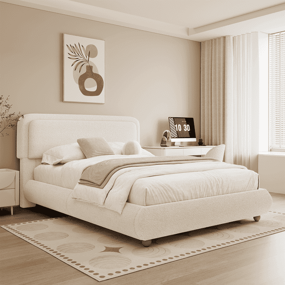 Brafab Queen Size Bed Frame with Round Corners Headboard and Thickened Footboard, Boucle Cloud Upholstered Boho Fluffy Bed with Solid Wood Legs, No Box Spring Required, Easy Assembly, cream