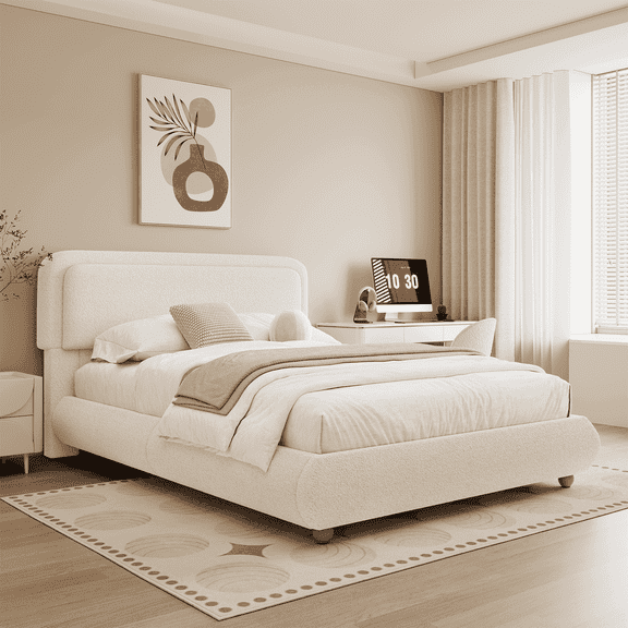 Brafab Queen Size Bed Frame with Round Corners Headboard and Thickened Footboard, Boucle Cloud Upholstered Boho Fluffy Bed with Solid Wood Legs, No Box Spring Required, Easy Assembly, cream
