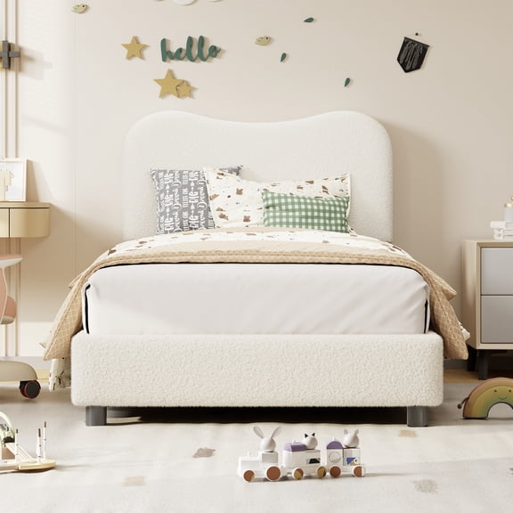 Boucle Comfort Bed Frame with Upholstered Headboard, Platform Bed with Rounded Corners Design, Sturdy Wooden Slats, Noise Free & No Box Spring Needed.