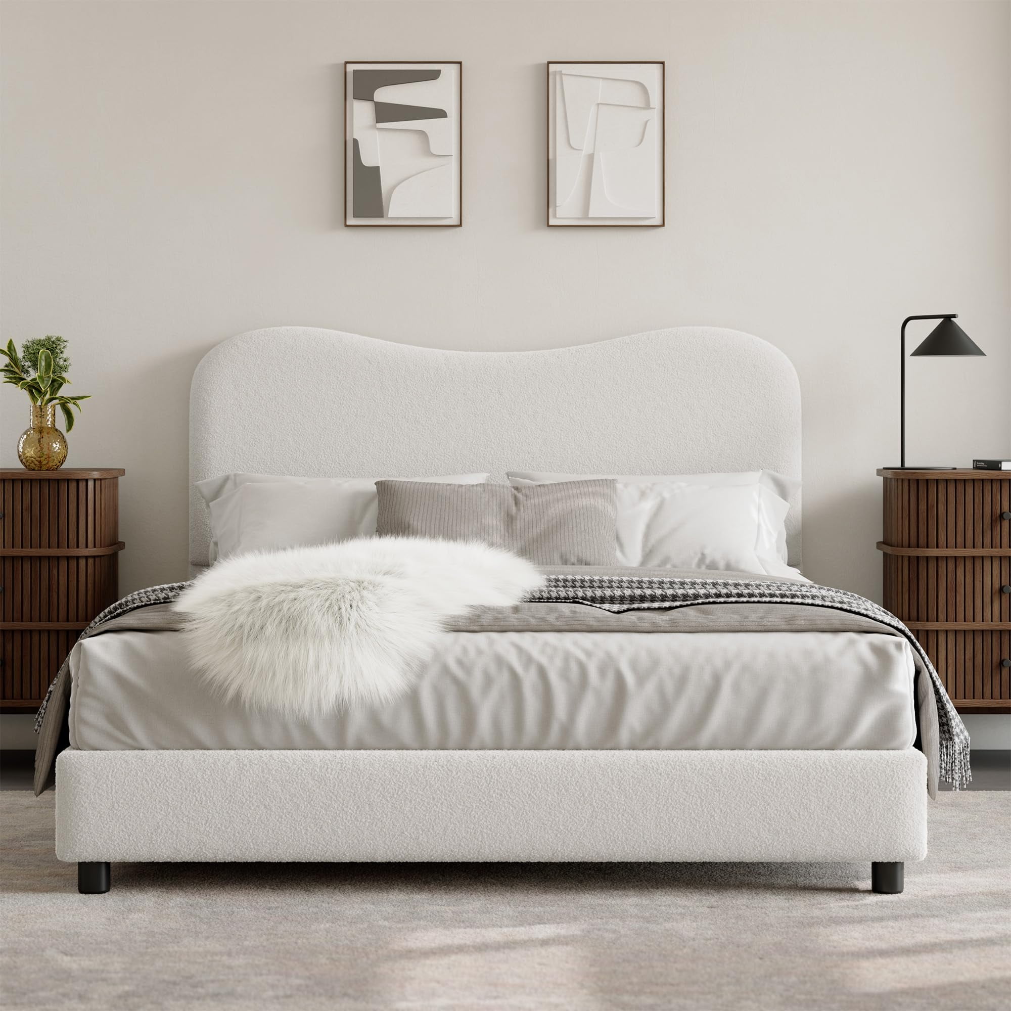 Boucle Comfort Bed Frame with Upholstered Headboard, Platform Bed with ...