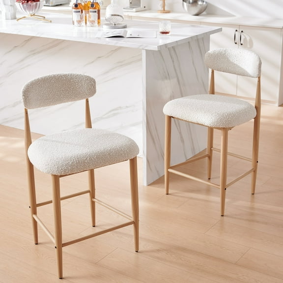 Boucle Counter Height Bar Stool for Kitchen Island, Dining Room Metal Armless Chair Upholstered Barstools Set of 2