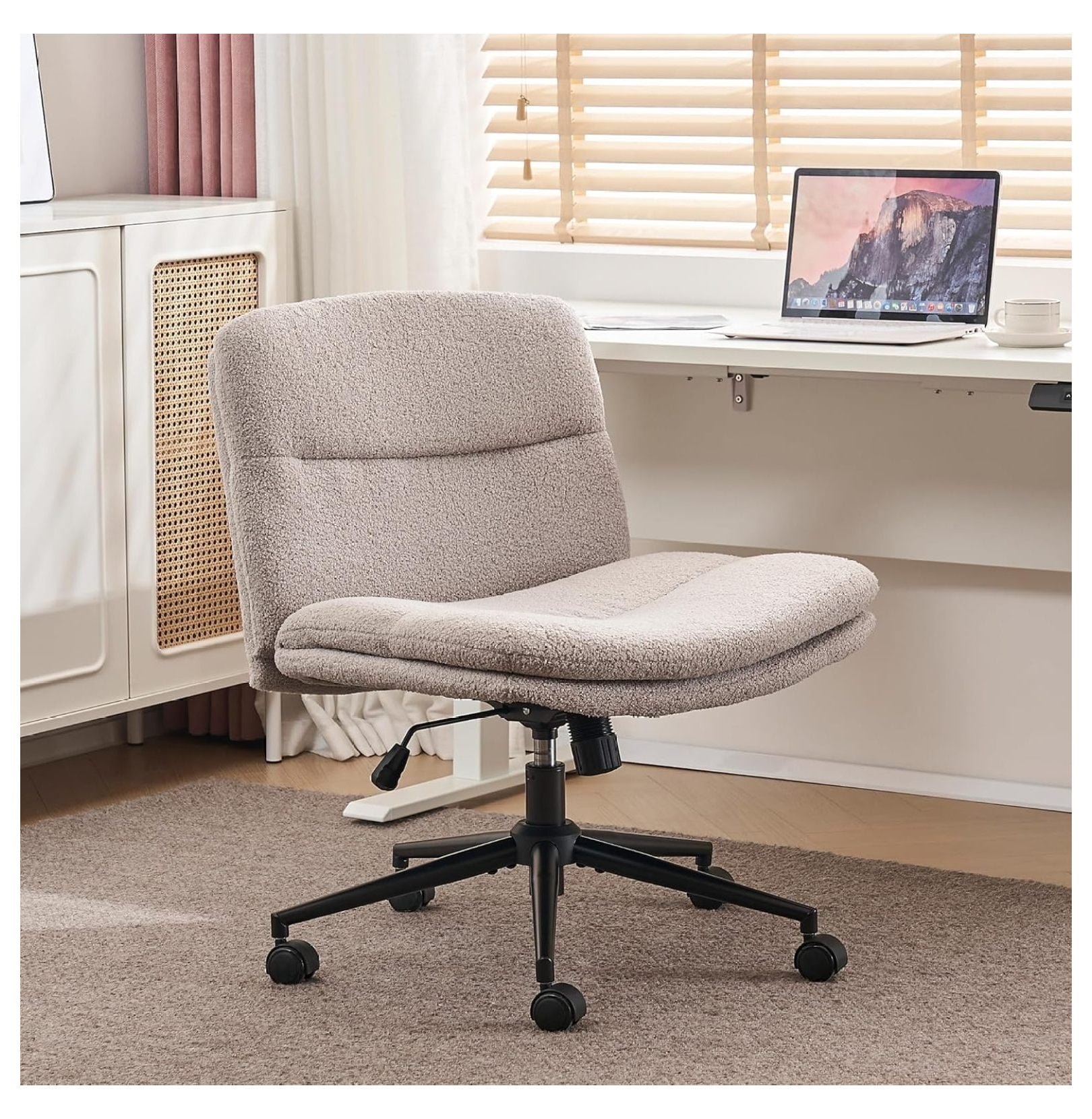 Boucle Cross Legged Chair with Wheels, Wide Armless Desk Chair, Back