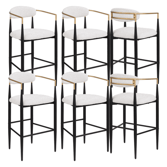 Boucle Dining Chairs, Modern 30"Seat High Barstool with Black Metal Legs, Armrest Upholstered Dining Chairs, Accent Desk Chair for Dining Room, Kitchen, Vanity, Living Room(Beige,Set of 6)