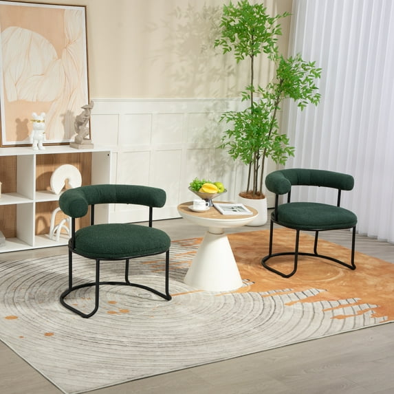 Boucle Dining Chairs Set of 2, Mid-Century Modern Barrel Dining Chairs Side Accent Chairs with Curved Back, Round Upholstered Armchairs with Metal Frame for Kitchen, Emerald