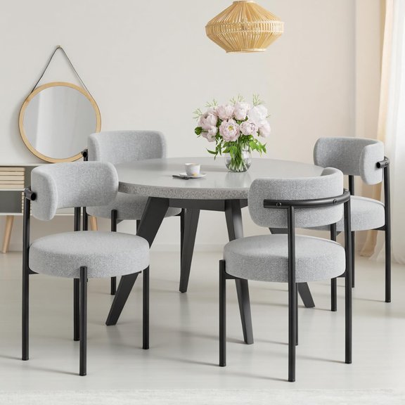 Boucle Dining Chairs Set of 4, Gray Mid Century Morden Chair with Curved Backrest, Round Upholstered Sherpa with Metal Legs, Suitable for Various Kitchen Styles