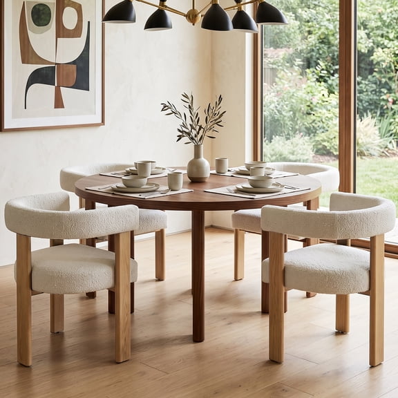 Boucle Dining Chairs Set of 4, Mid Century Modern Dining Room Chairs with Solid Wood Legs, Terry Fabric Upholstered Kitchen Chairs, Accent Vanity Chair for Living Room (Cream,4)