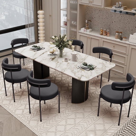 Boucle Dining Chairs Set of 6 Teddy Upholstered Dining Room Chairs Kitchen Chair with Metal Legs Mid Century Modern Chair for Dining Room, Kitchen (Black Frame+Black, 6)